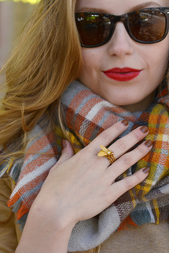 Zara Plaid Blanket Scarf and Gold Bee Ring