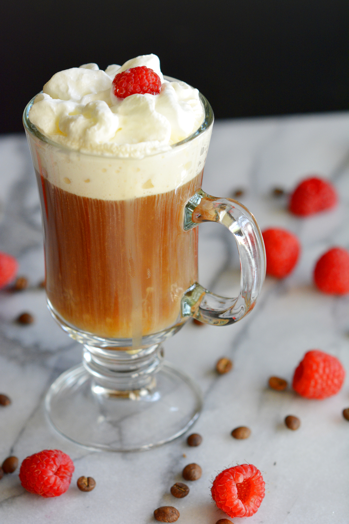 French Press Coffee with Whipped Cream and Chocolate Syrup