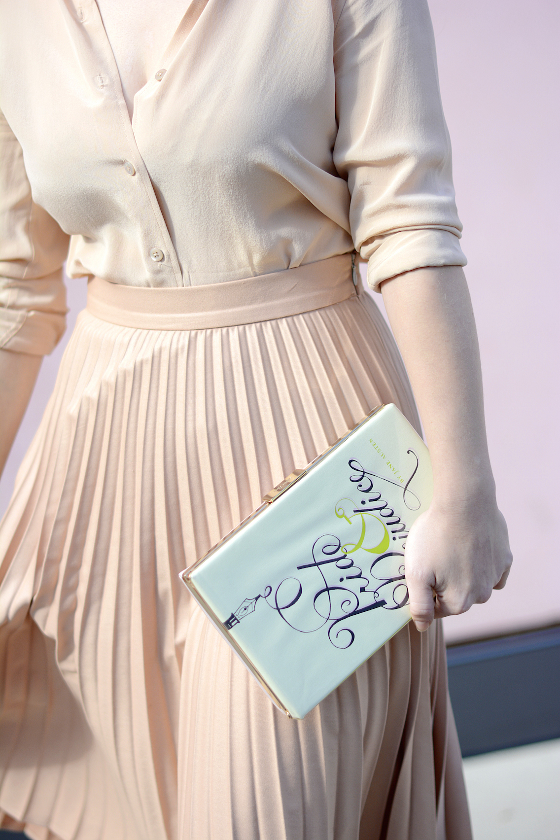 Zara Pleated Skirt Kate Spade Book Clutch Everlane Silk 7