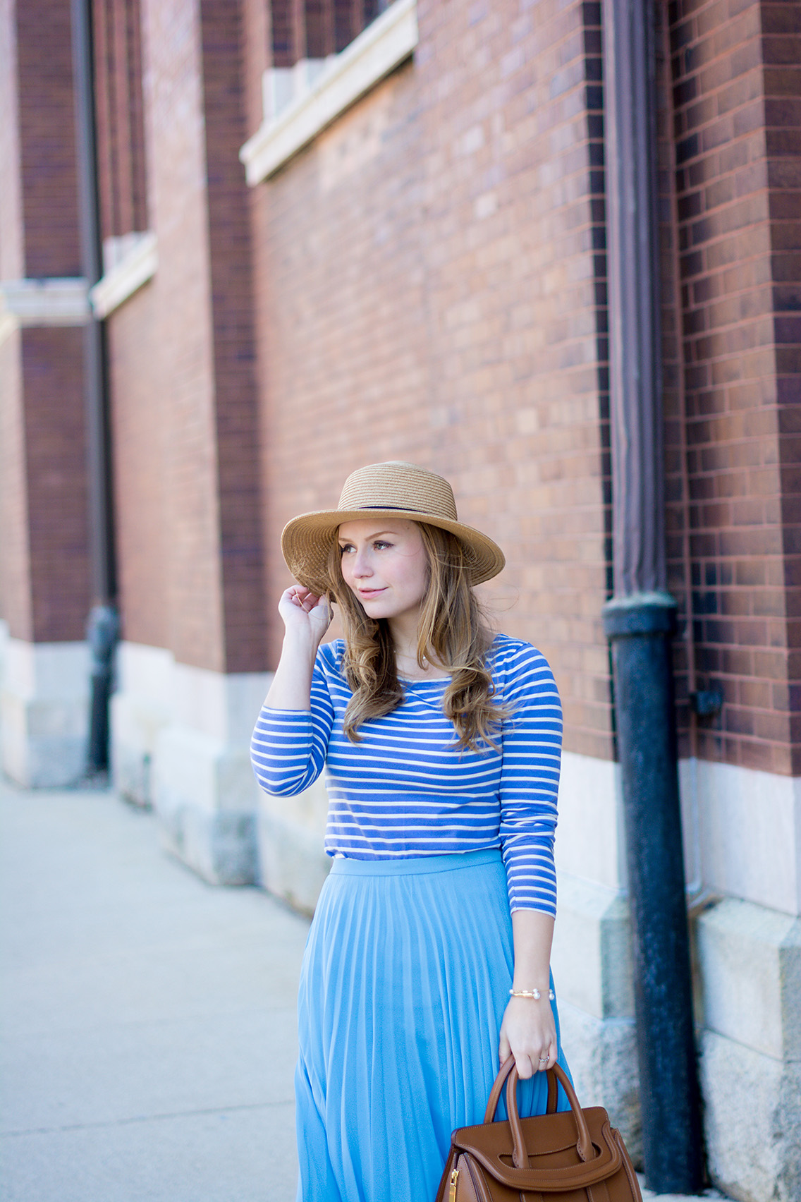 Pleated Skirt Breton Stripe Boater Hat Outfit
