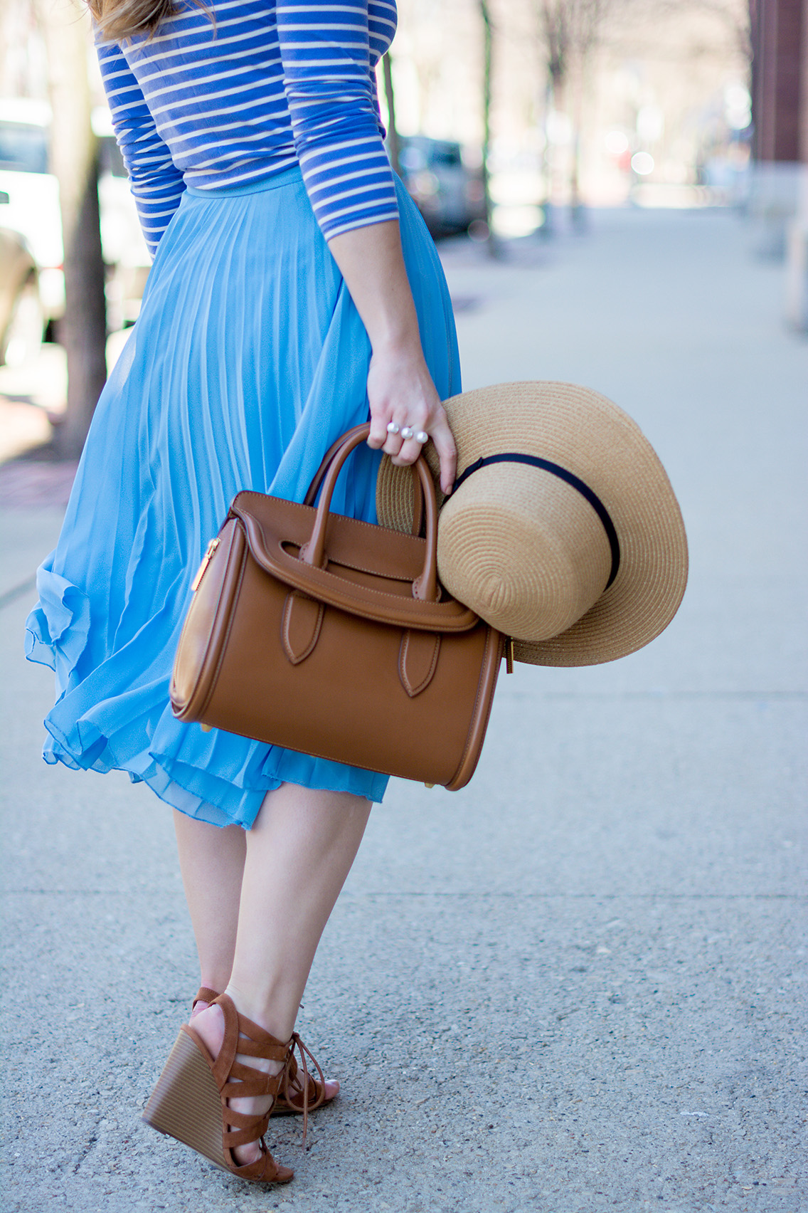 Pleated Skirt Breton Stripe Boater Hat Outfit