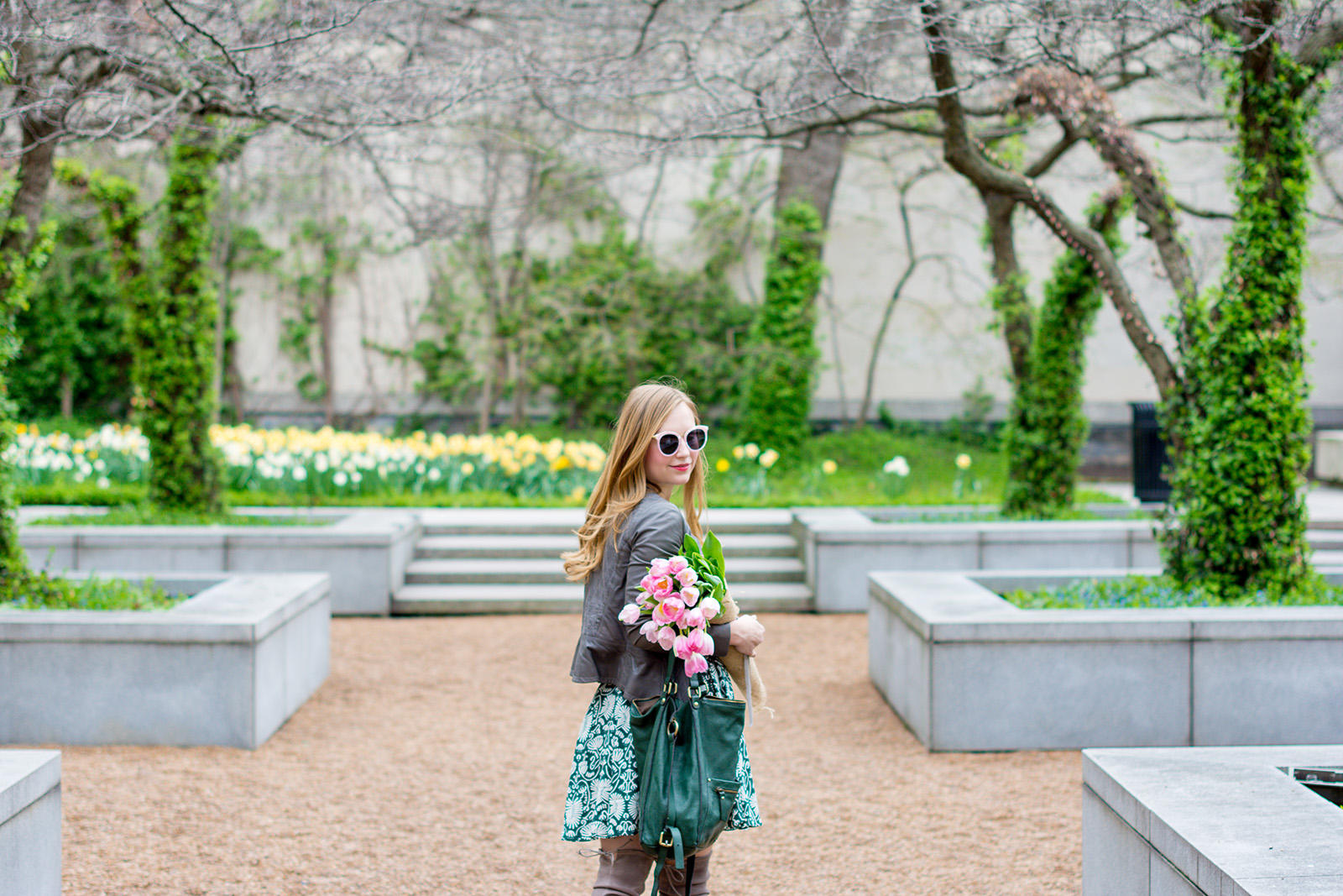 Green Gray Pink Spring Outfit with Tulips