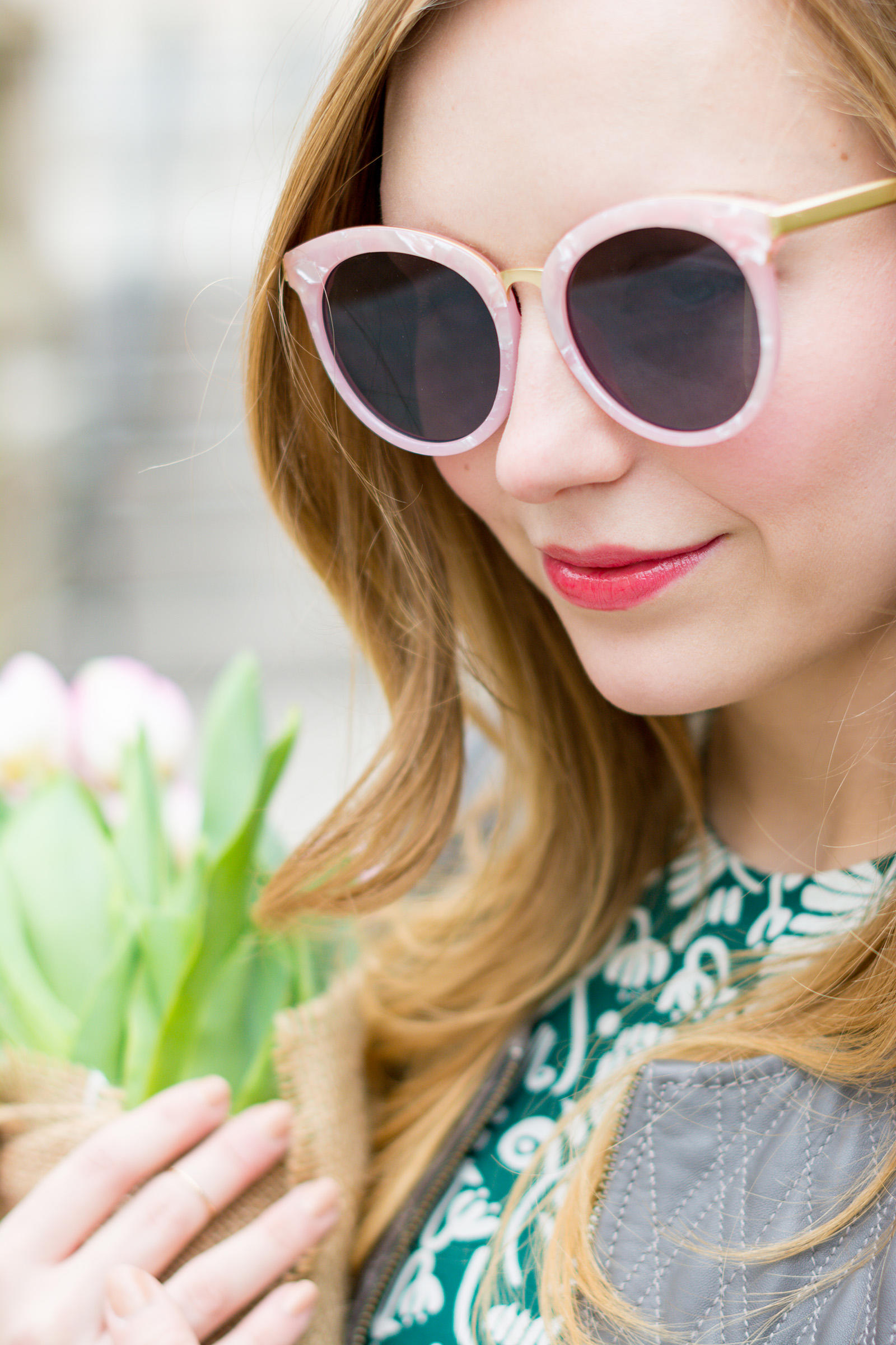 Green Gray Pink Spring Outfit with Tulips