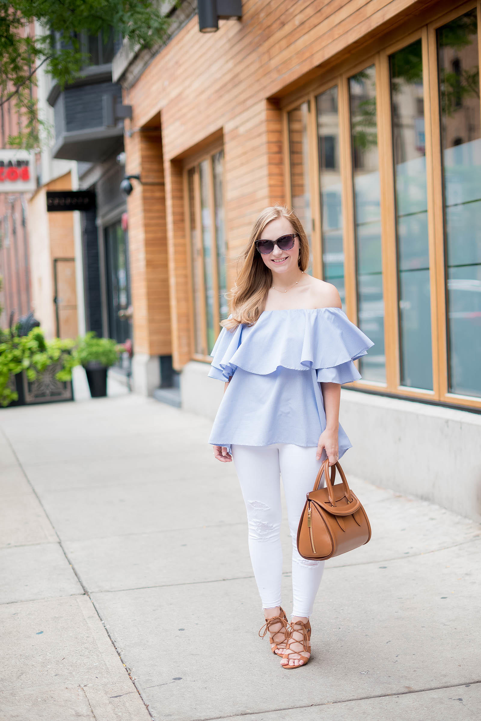 Ruffle Off the Shoulder Top White Jeans