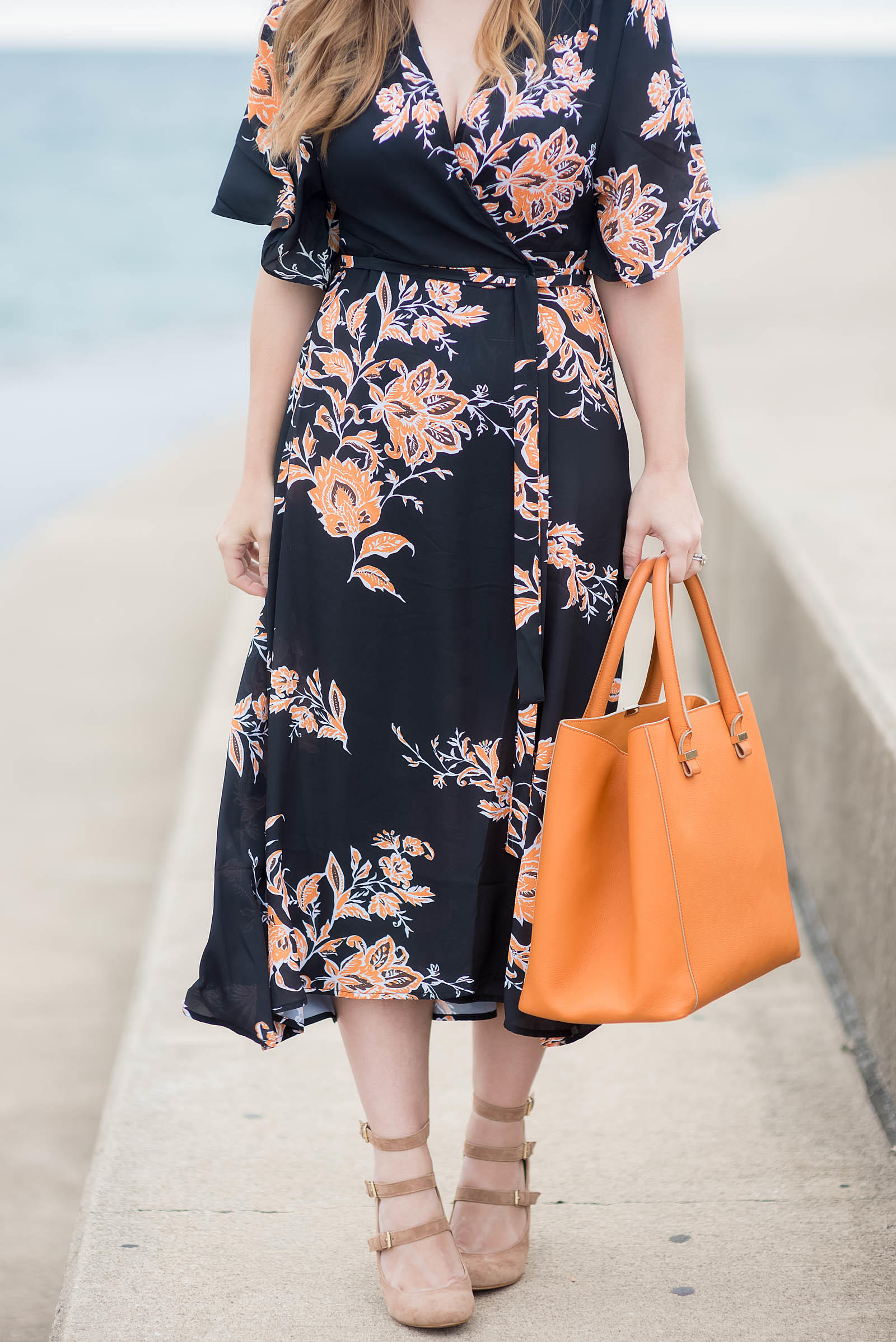 Orange Black Floral Kimono Dress Outfit