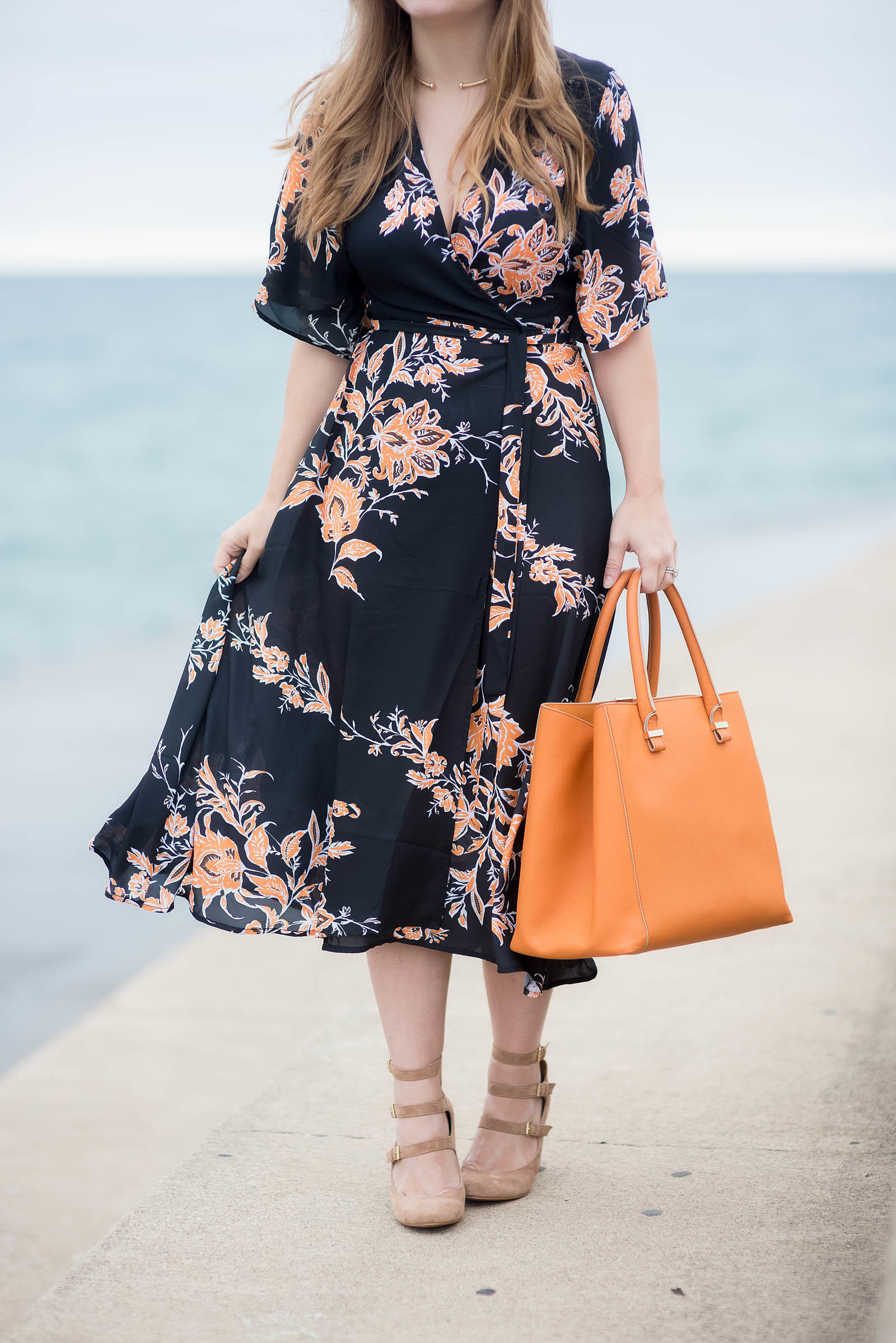 Orange Black Floral Kimono Dress Outfit