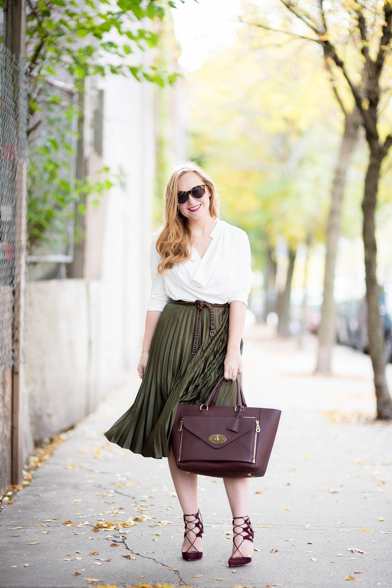 Green Oxblood Fall Pleated Skirt Outfit