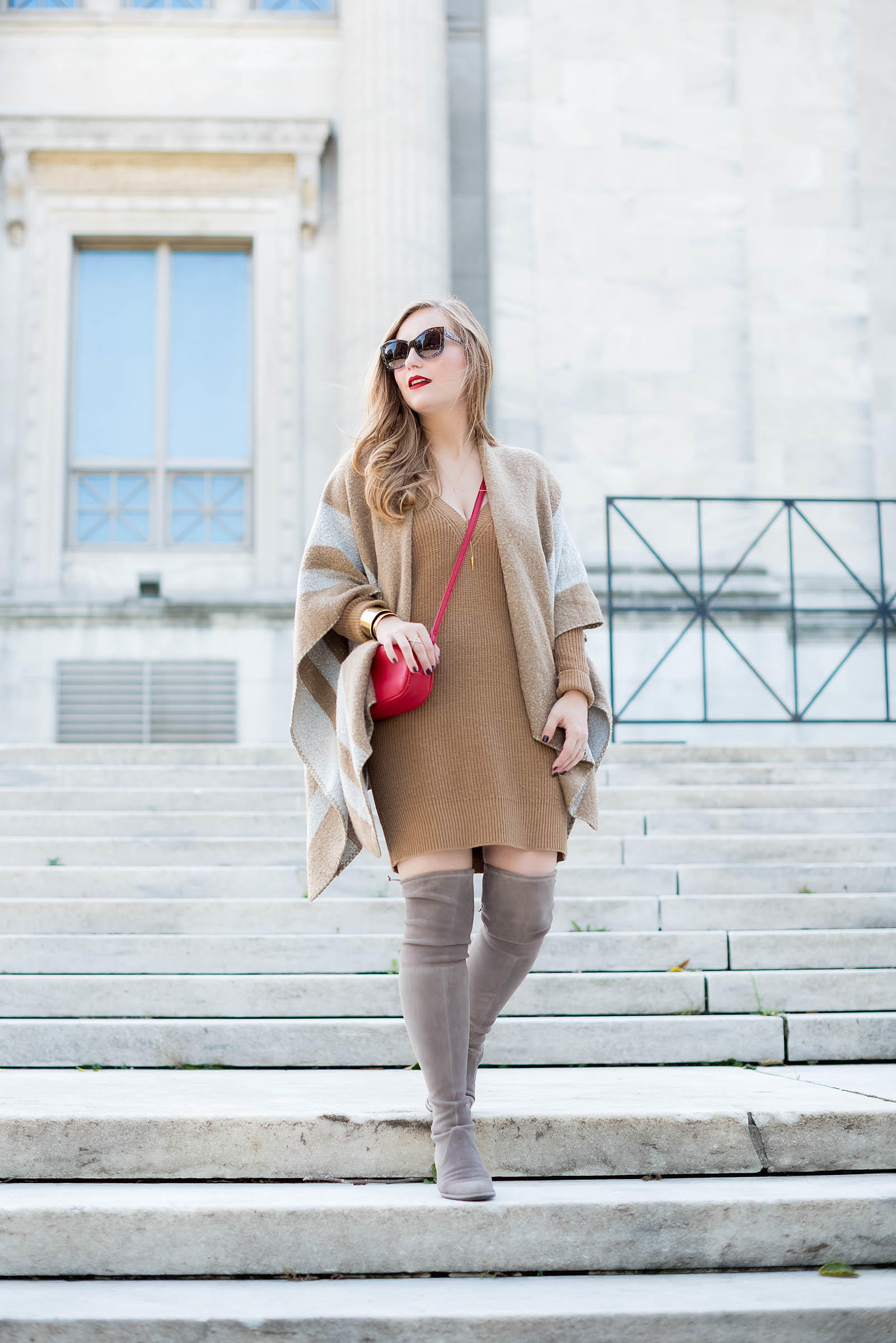 Gray Tan Red Over the Knee Boot Fall Outfit Ruana