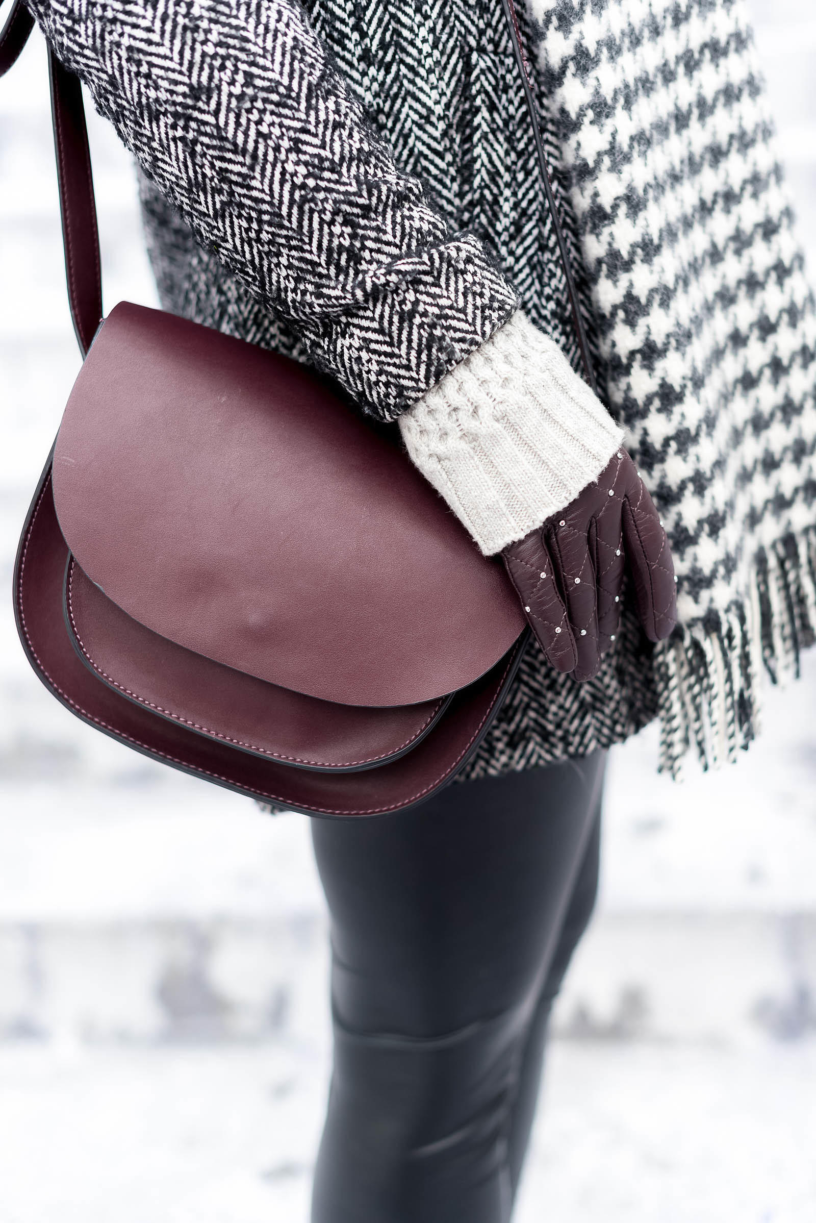 Herringbone Houndstooth Burgundy Leather Winter Outfit