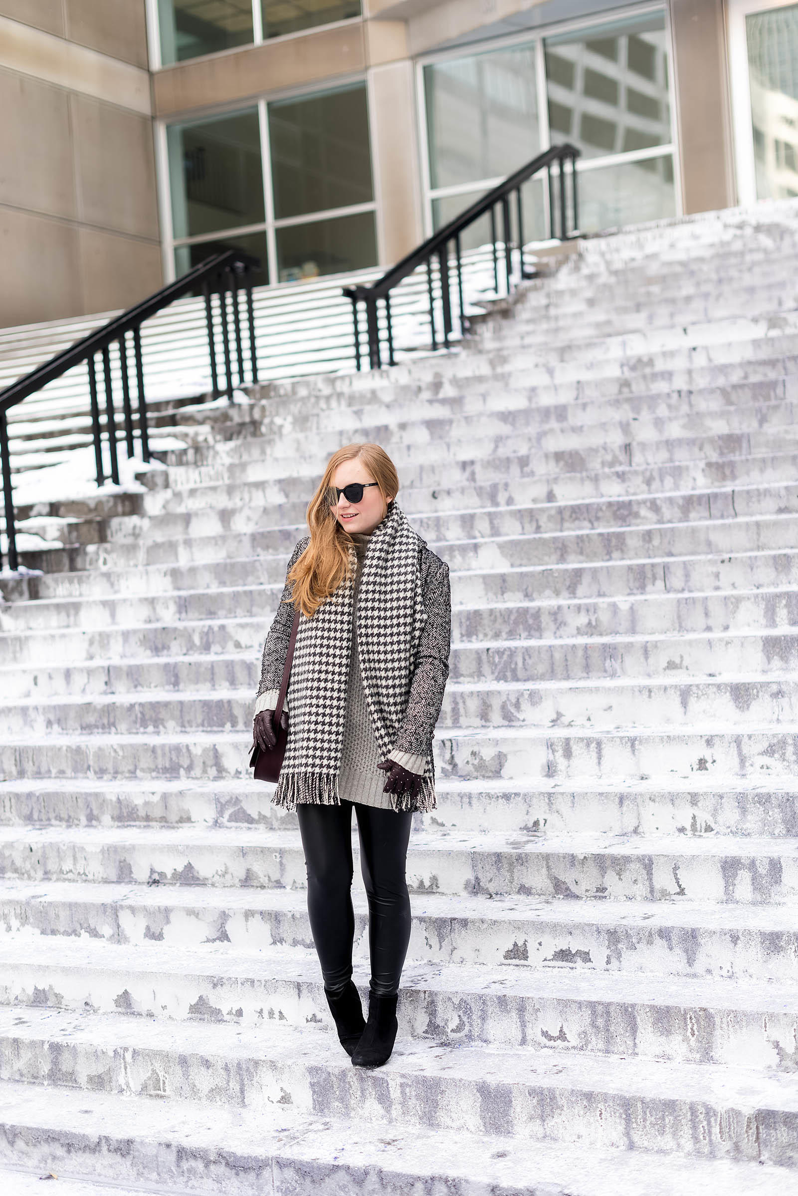Herringbone Houndstooth Burgundy Leather Winter Outfit