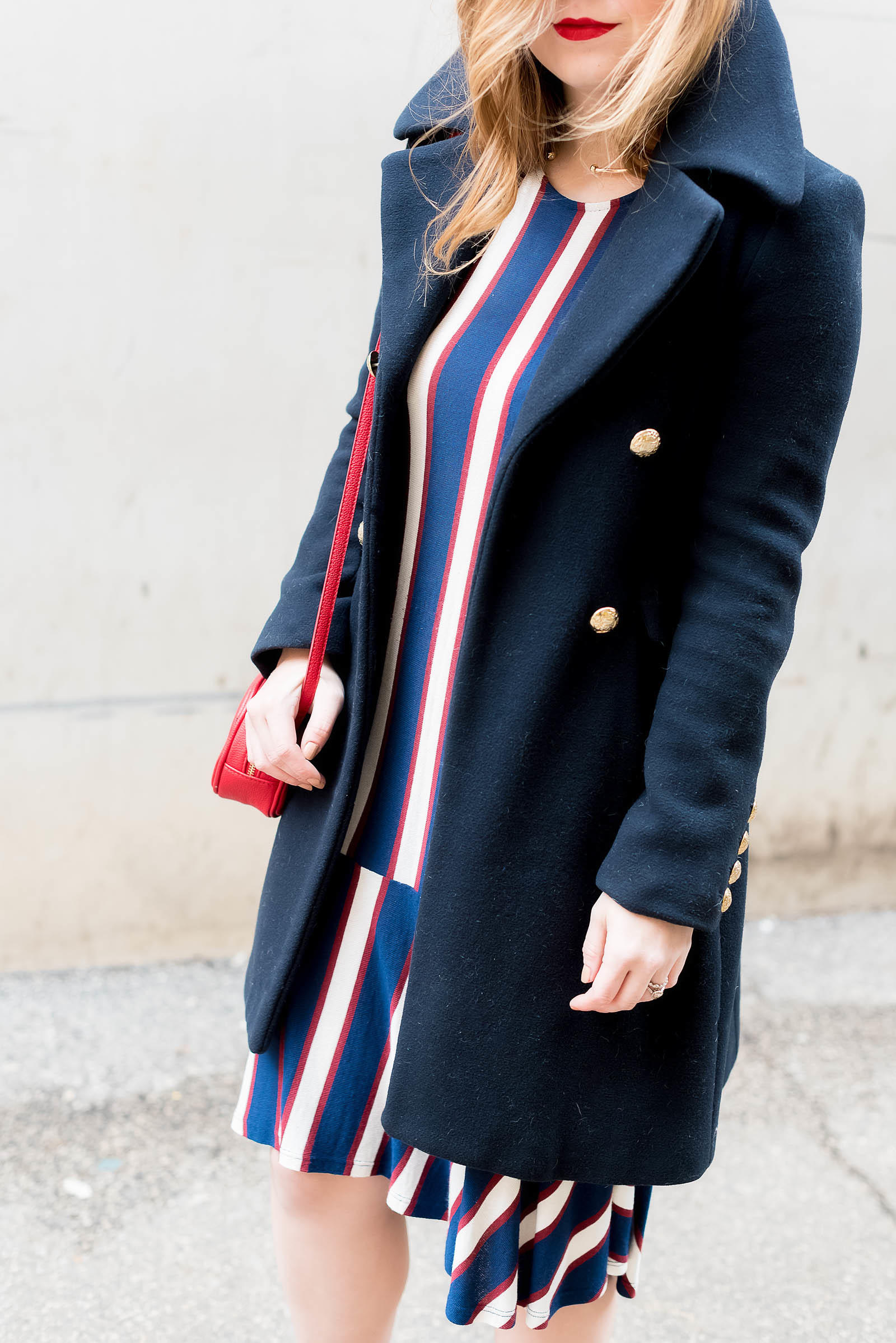 Zara Military Coat Stripe Red Pump Outfit Nautical