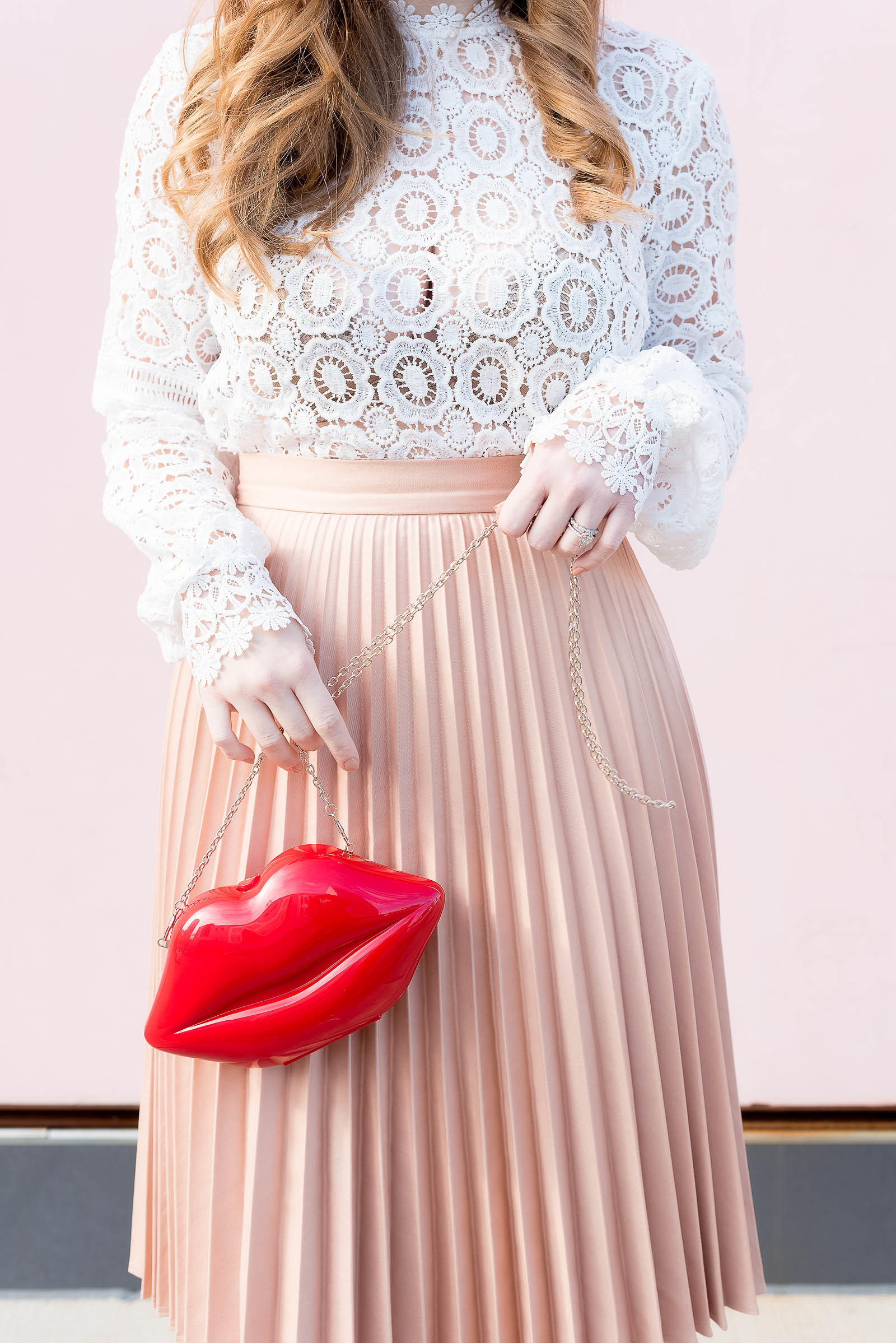 White Lace Pink Pleats Red Pumps Lips Valentine's Day Outfit