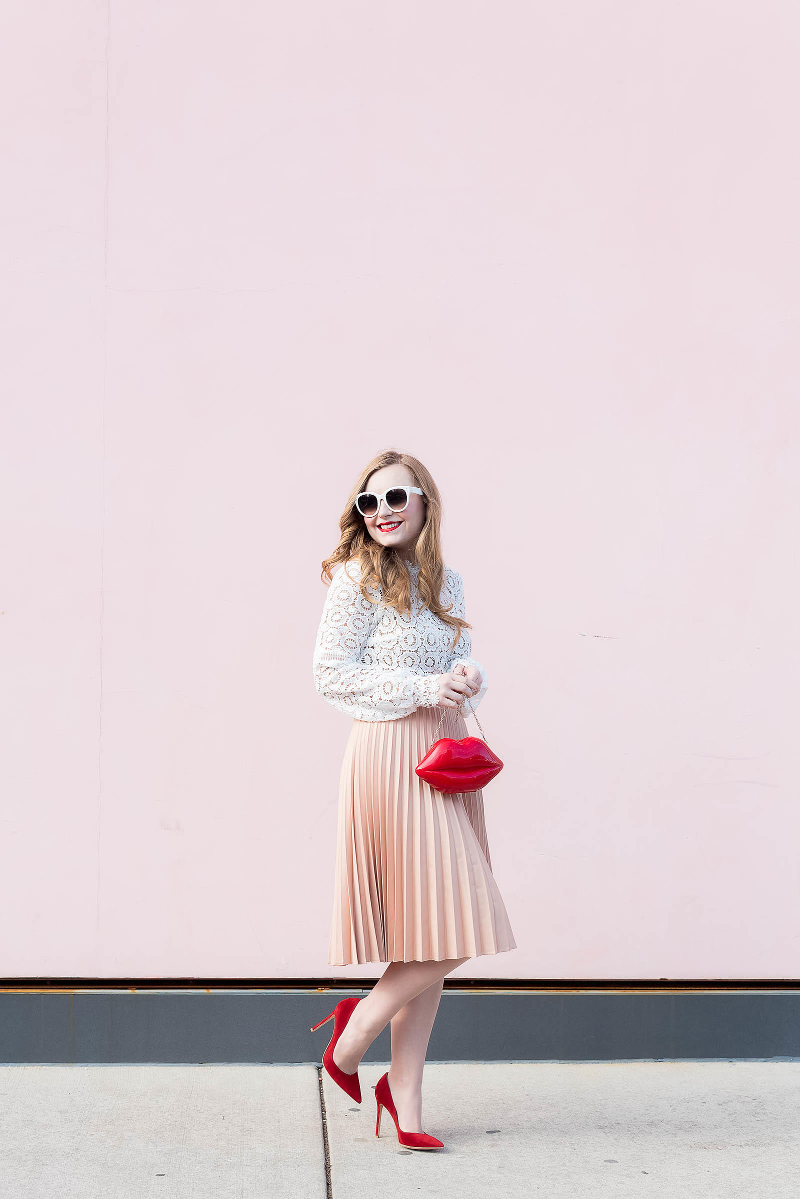 White Lace Pink Pleats Red Pumps Lips Valentine's Day Outfit