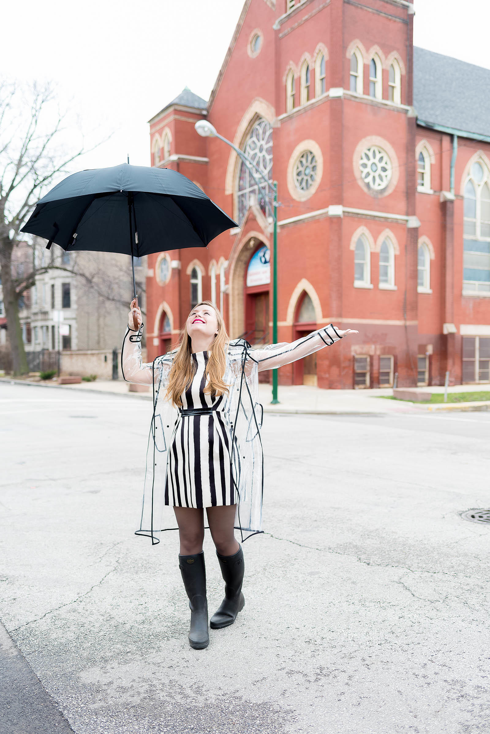 Striped Rainy Day Outfit Inspiration with Wellies