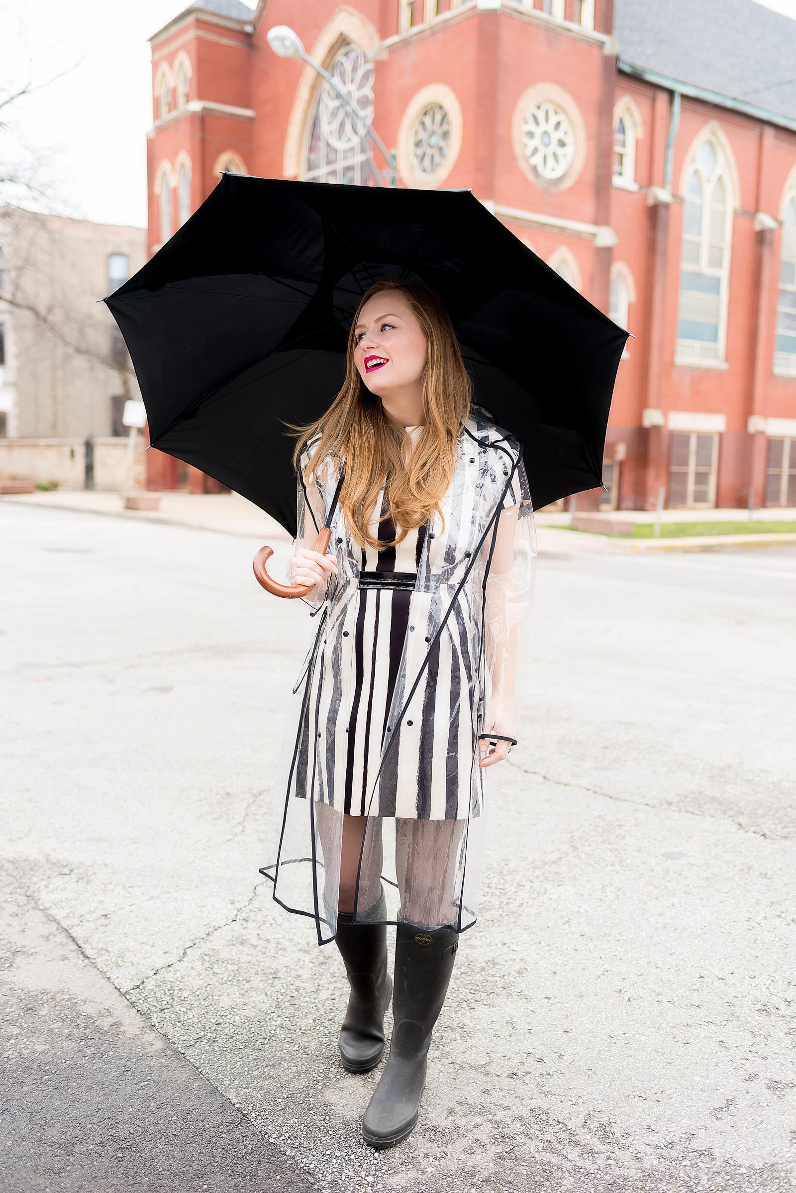 Striped Rainy Day Outfit Inspiration with Wellies