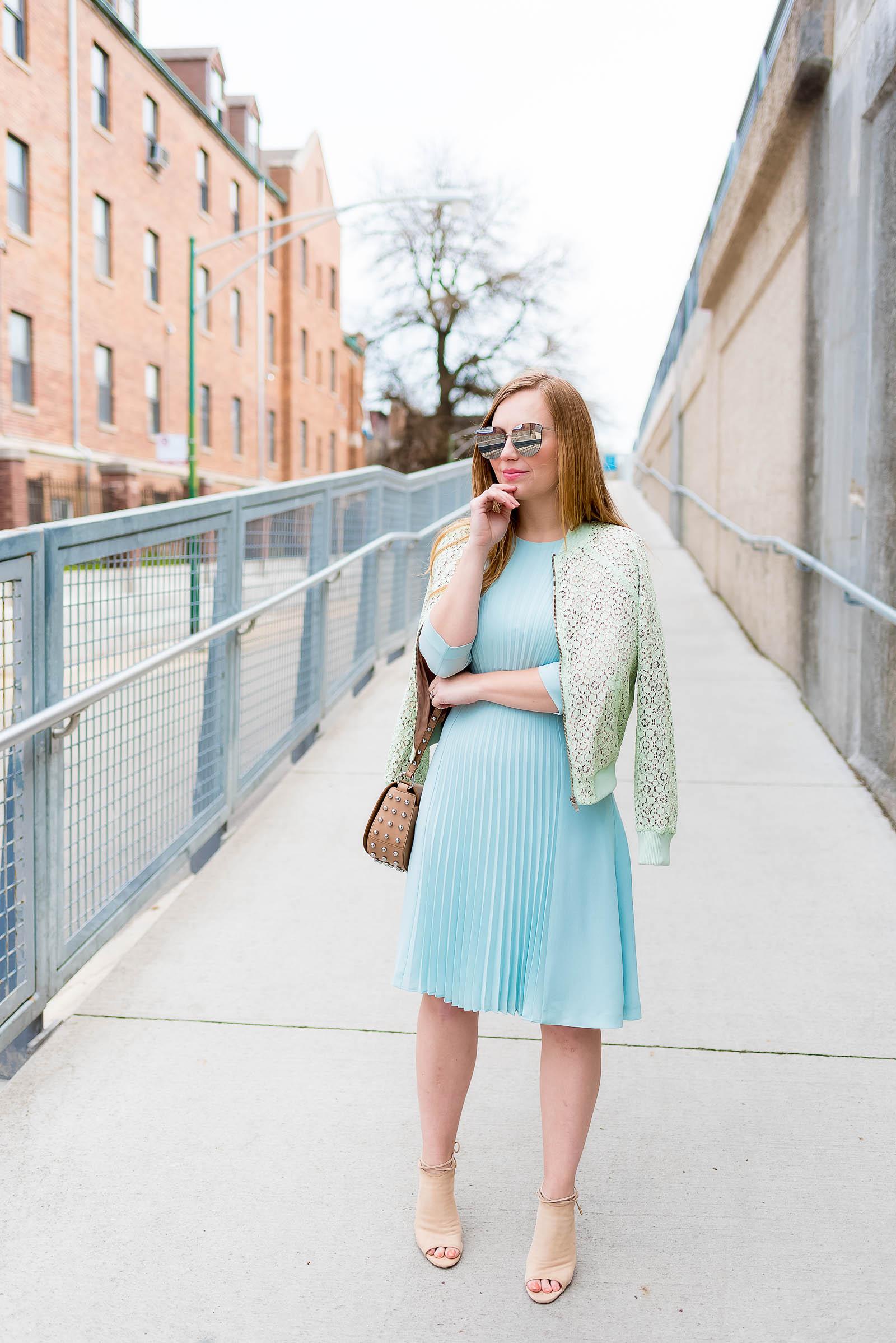 Hugo Boss Duck Blue Pleated Dress, Victoria Beckham for Target Lace Mint Green Bomber Jacket, Aquazzura Mayfair Booties in Nude Suede, Alexander Wang Lia Mini Studded Bag