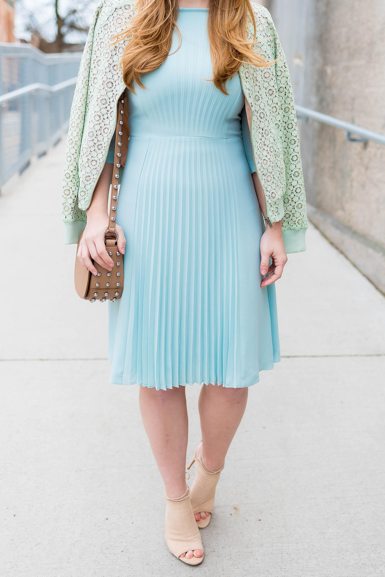 Hugo Boss Duck Blue Pleated Dress, Victoria Beckham for Target Lace Mint Green Bomber Jacket, Aquazzura Mayfair Booties in Nude Suede, Alexander Wang Lia Mini Studded Bag