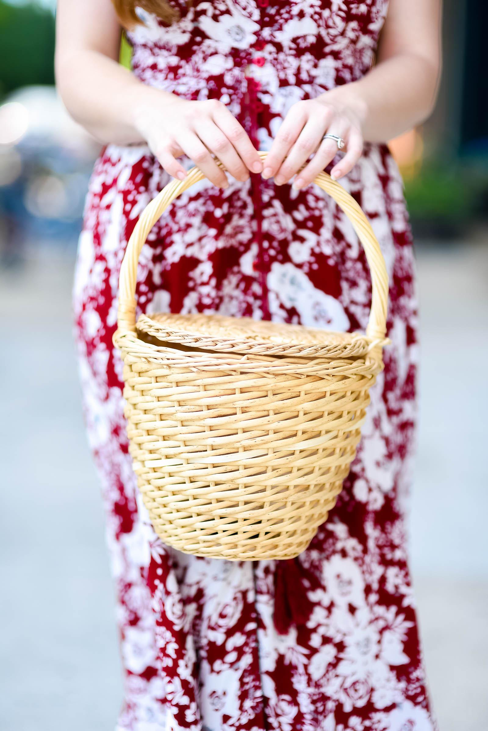 Burgundy Floral Maxi Dress Basket Bag Style