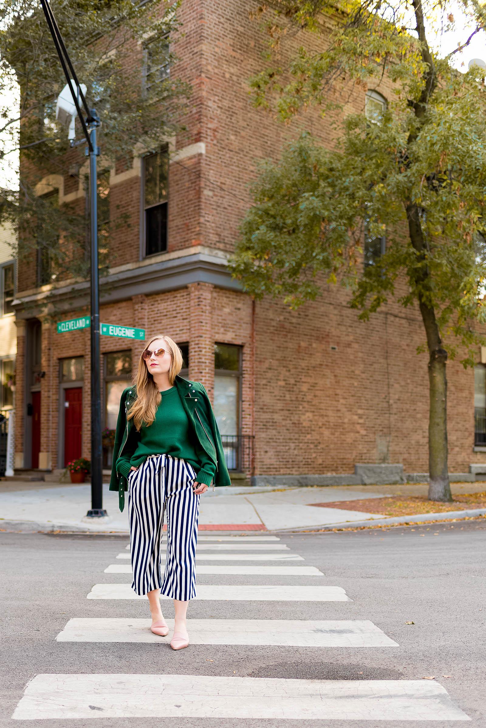 Green Suede Striped Fall Outfit