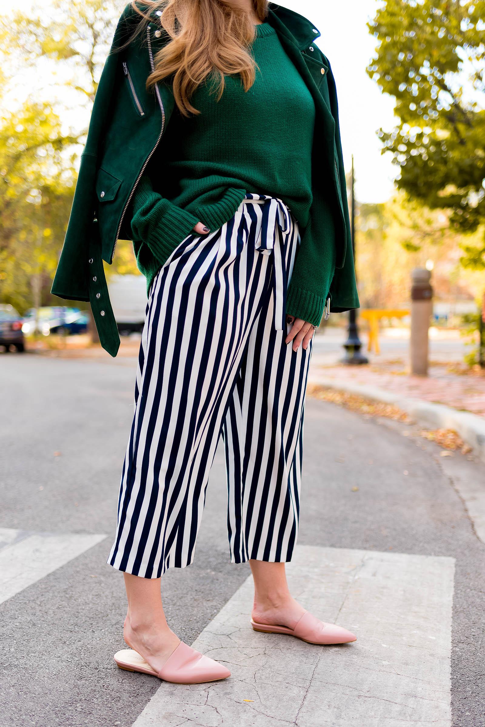 Green Suede Striped Fall Outfit