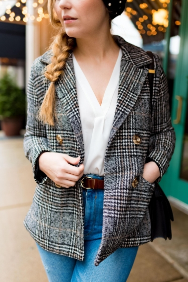Plaid Tweed Blazer Pearl Beret Outfit