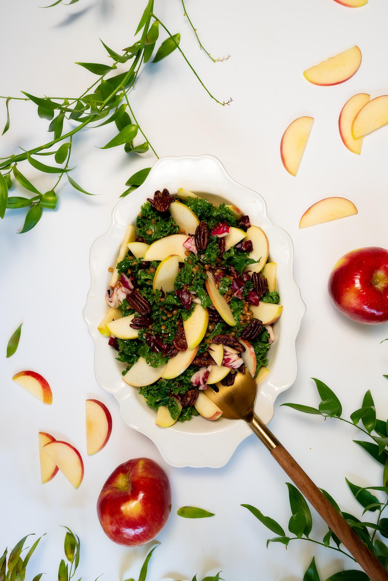 Stemilt Rave Apple Salad with Kale, Roasted Pecans, Wheatberries, Cabbage and an Apple Cider Mustard Vinaigrette Recope