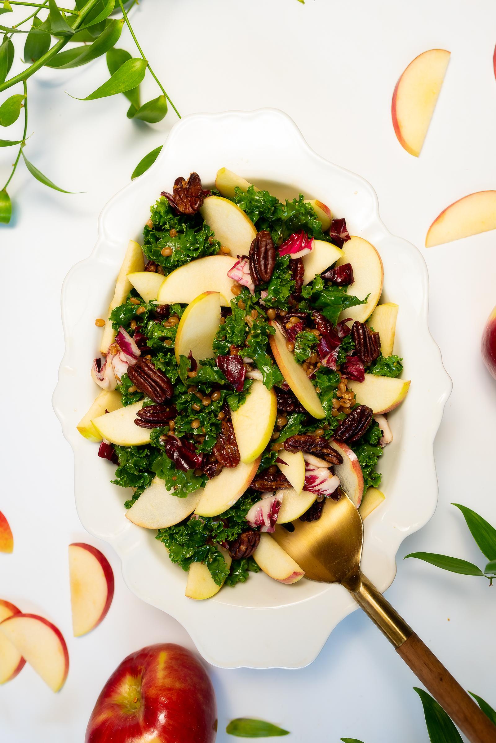 Stemilt Rave Apple Salad with Kale, Roasted Pecans, Wheatberries, Cabbage and an Apple Cider Mustard Vinaigrette Recope
